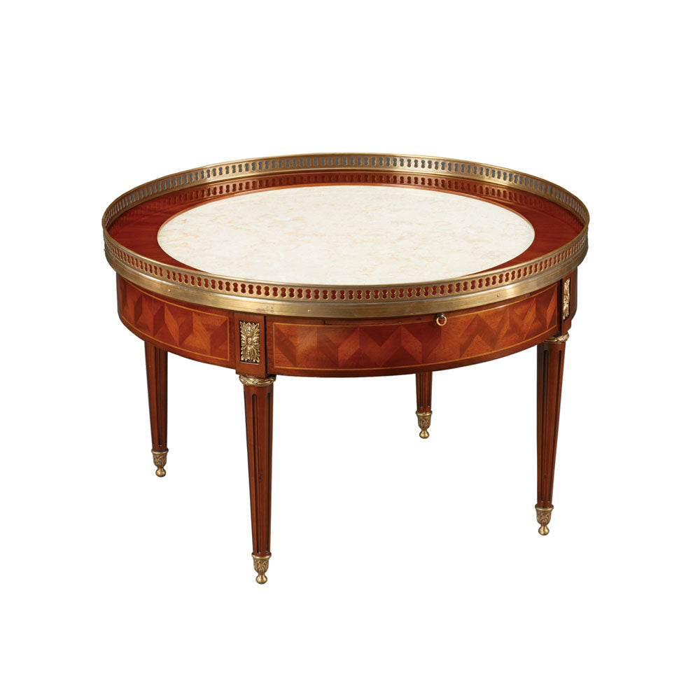 Louis XVI Parquetry Round Marble Top Coffee Table, Leather Insert | Jansen uk